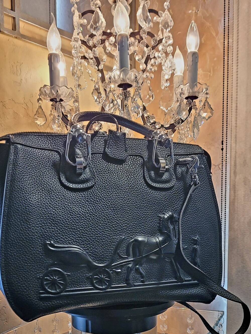 Leather Horse-Drawn Carriage Embossed Travel Satchel Tote Bag or Crossbody.Black